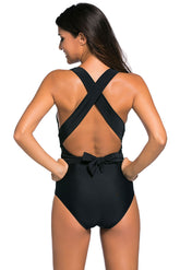 Black Self Tie Criss-Cross Straps Back One Piece Swimsuits